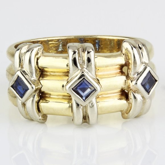 14k Two-Tone Yellow & White Gold Blue Sapphire Anniversary Band Cocktail Ring